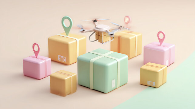 3D isometric smart logistics concept with colorful pastel delivery boxes, localization pins, and cargo drone