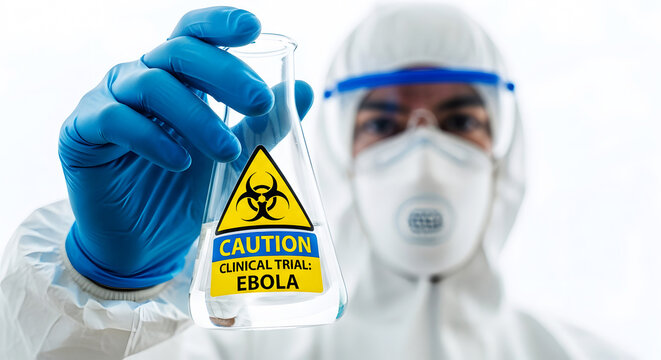 Scientist in protective suit holds flask with Ebola clinical trial caution sign laboratory