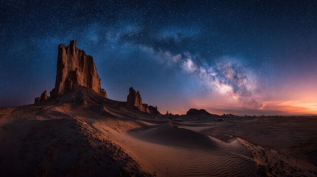 Milky Way Galaxy Arching Over Desert Rock Formations and Sand Dunes at Night