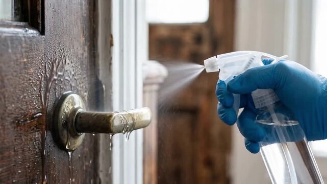 Hand wearing blue glove sprays disinfectant liquid onto a wooden door handle to clean and sanitize