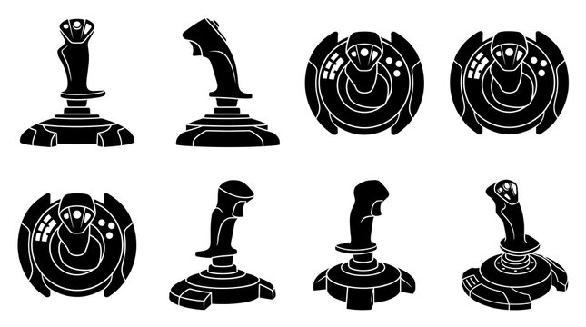 Black Minimalist Flight Simulator Joystick Icon Set for Gaming Design