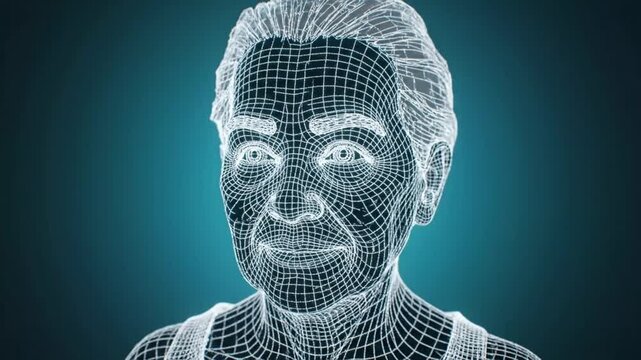 Digital wireframe model of senior woman head on blue background