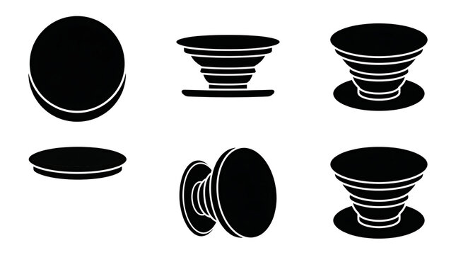 Collapsible Phone Grip Icon Set and Mobile Stand Silhouettes