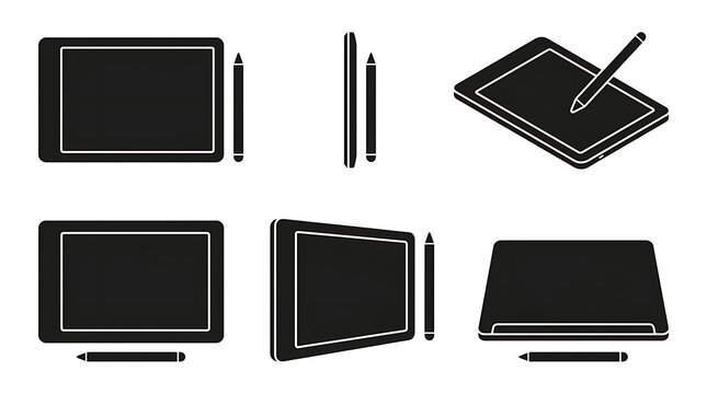 Digital Drawing Tablet and Stylus Pen Icon Silhouette Collection