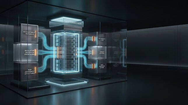Futuristic artificial intelligence governance model server in a dark room, machine learning security.