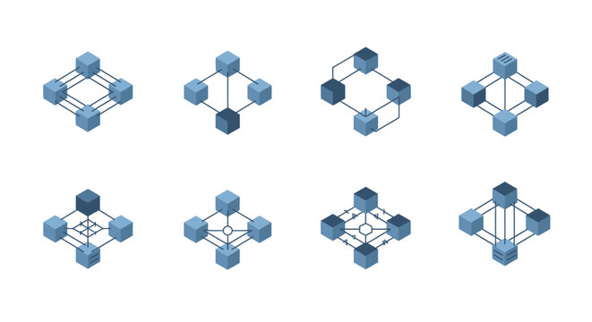 Set of isometric cube network nodes and connections, abstract data structure, technology and science concept