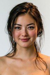 Naklejka premium A young Asian woman with glass-like radiant skin creates a premium skincare visual ideal for beauty, cosmetic, and wellness advertising campaigns.