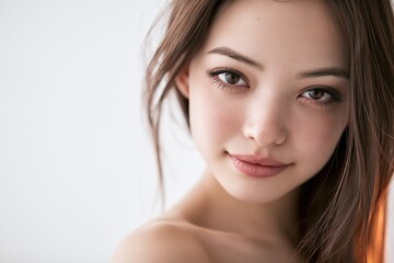 Naklejka premium A young Asian woman with glass-like radiant skin creates a premium skincare visual ideal for beauty, cosmetic, and wellness advertising campaigns.