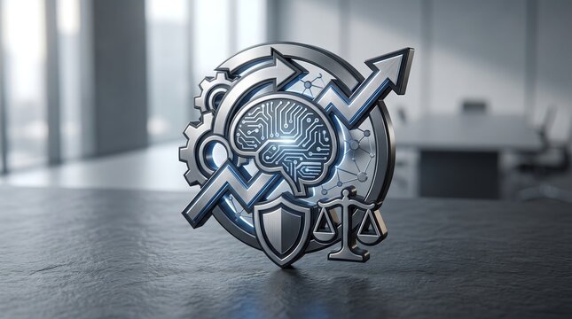 Futuristic metallic emblem symbolizing AI, ethics, and progress. Integrated technology, security, and justice in a modern corporate office environment.