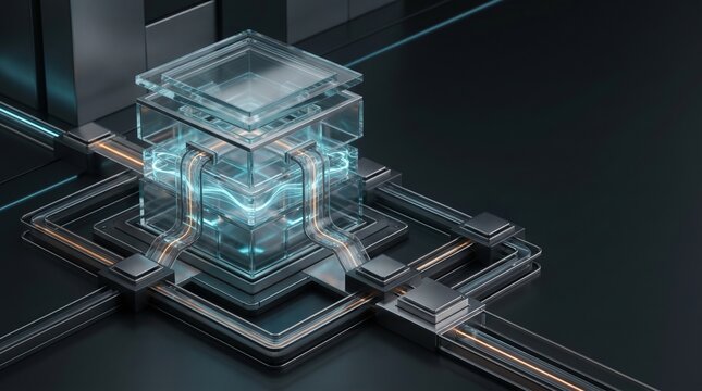 Futuristic quantum computer processor core with glowing blue and orange circuits, advanced computing technology.