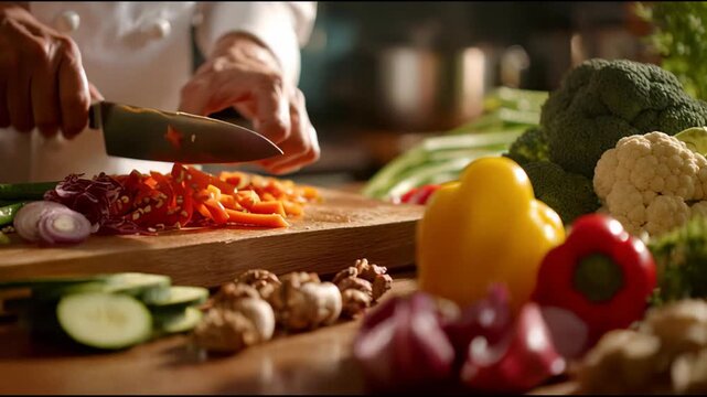 Colorful superfoods being prepared in kitchen, close up slicing fruit and vegetable on chopping block.