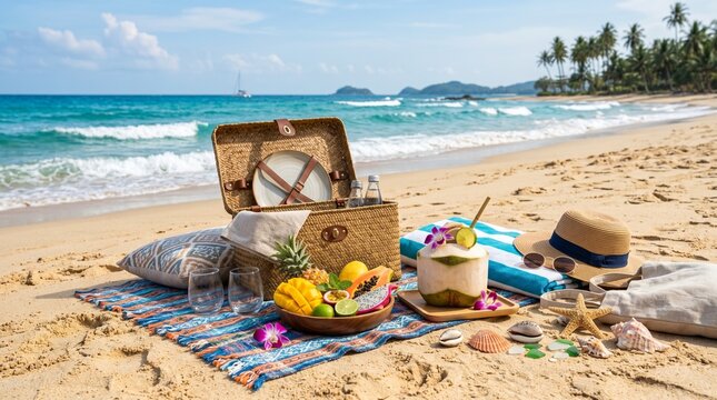 Tropical beach picnic with wicker basket and exotic fruits, summer vacation scene on sandy shore, luxury seaside dining with coconut drink and ocean view