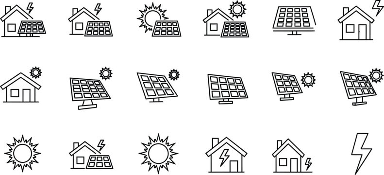 Solar panel and house icons with sun and lightning