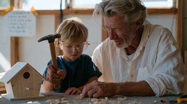 Fathers Day scene of a dad and young child assembling a birdhouse kit on a garage workbench, hammer mid-swing, small safety goggles on the child, wood shavings curling on the
