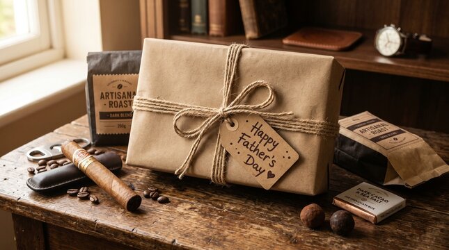 Hand-tied gift package with kraft paper tag on wooden table in warm natural light
