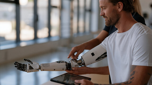 amputee athlete testing a next-generation robotic prosthetic arm during an occupational therapy session, a technician adjusting grip strength settings on a paired tablet,