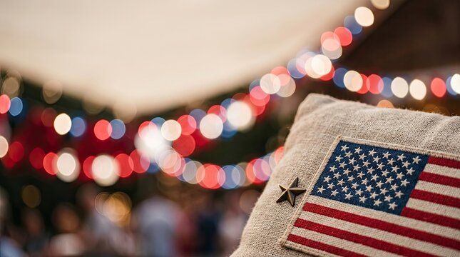 Close up american flag patch on burlap pillow with bokeh lights patriotic theme.