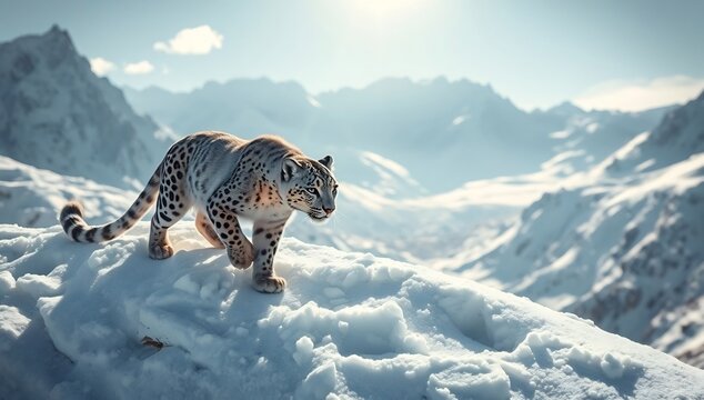 Snow leopard standing on snowy mountain peak with beautiful landscape