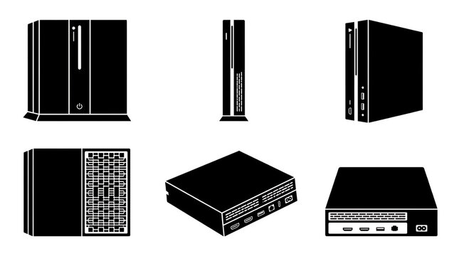 Minimalist Black Icons of Compact Mini PC and Digital Media Player Set