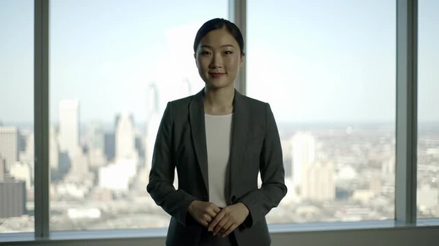 young asian woman in elegant tailored business suit in high-rise office with blurred city skyline, soft natural light. she smiles confidently at lens, hands clasped. concept of empowered corporate