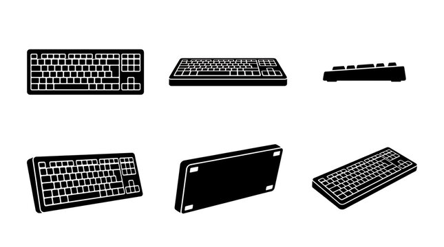 Black computer keyboard icon set showing multiple perspective angles