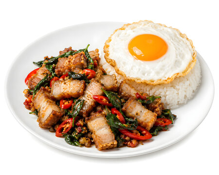 Pad Krapow Moo krob (Crispy Pork Basil Stir Fry) with Fried Egg and Rice Isolated on White Background