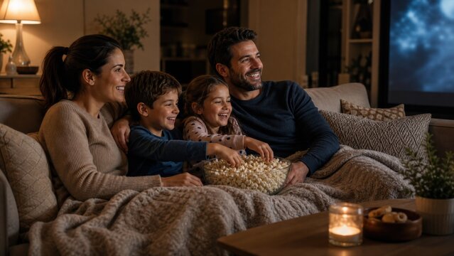 Parents and children eating popcorn together during home cinema evening, highlighting family bonding, childhood fun and relaxed indoor lifestyle.