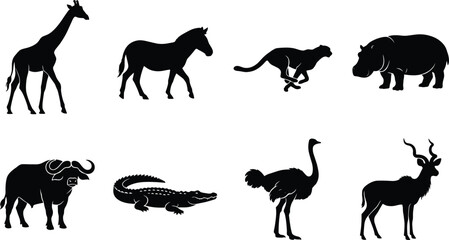 African wildlife silhouettes collection featuring giraffe, horse, cheetah, hippopotamus, buffalo, crocodile, ostrich, and antelope © AUSTOMI