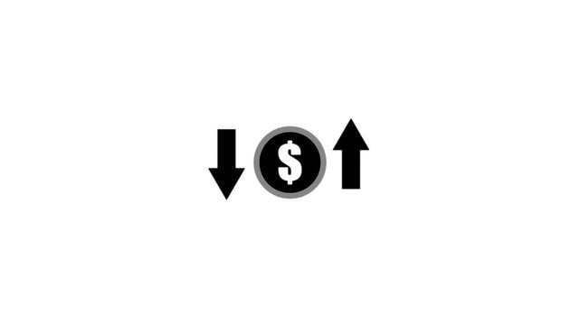 Dollar icon with profit or loss arrow icon animation.Dollar icon,profit arrow icon,loss arrow icon,currency icon animation on white background.