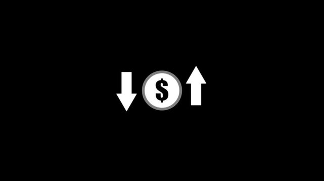 Dollar icon with profit or loss arrow icon animation.Dollar icon,profit arrow icon,loss arrow icon,currency icon animation on black background.