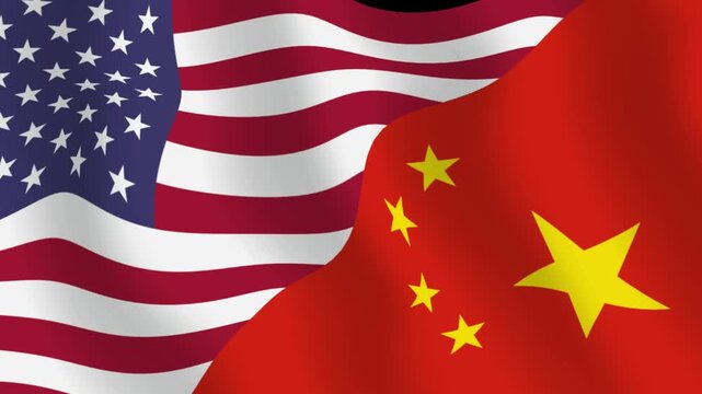 USA vs China concept with waving flags animation isolated on black background