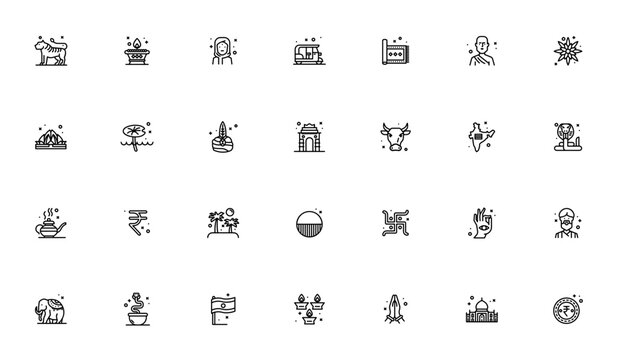 India icon set. Minimal line icons pack. Featuring tiger, elephant, lotus, temple, cow, snake, flag, tea, rupee, gate of india, swastika, worship, and more. Editable vector stroke.