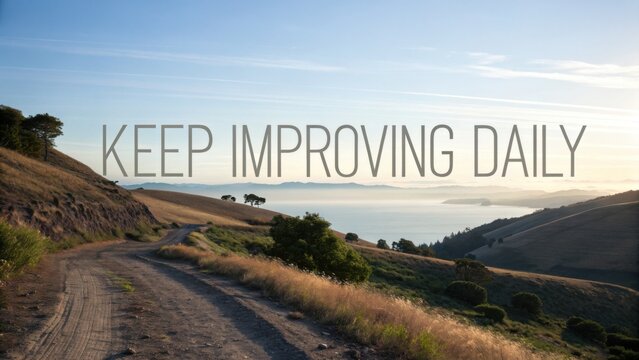 Inspirational landscape view with motivational text in sunny horizon, nature path leading towards endless sea and hills