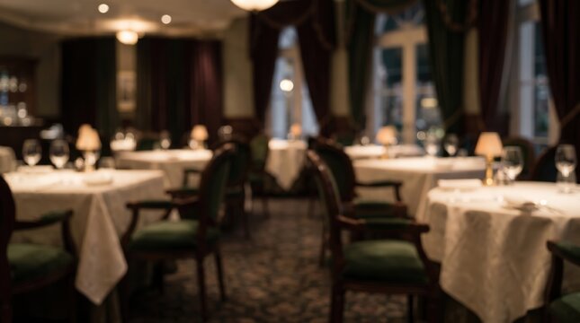 Blurred luxury restaurant interior elegant fine dining room empty tables white tablecloths green chairs warm lighting bokeh background upscale bistro