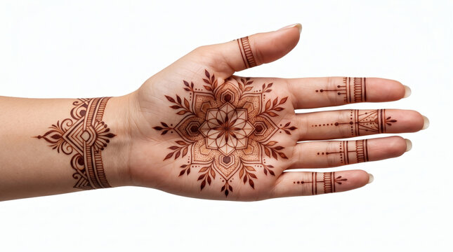 Elegant simple henna mehndi design on female palm and wrist isolated on white background