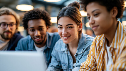 Obraz premium A wide shot of university students huddled softly around a calm laptop sharing ideas during a bright group project in a modern study lounge group project open faces bright
