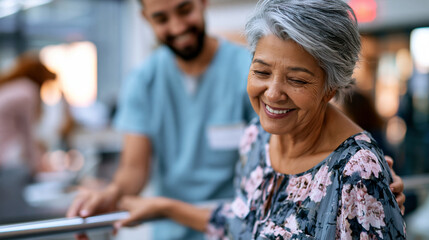 Fototapeta premium A wide shot of a physical therapist steadying softly a calm patient through bright rehabilitation steps on parallel bars rehab therapy open faces bright clinic daylight