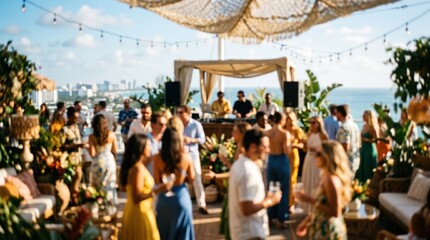 Obraz premium Blurred rooftop party beach lounge people social gathering summer vacation luxury resort travel destination outdoor bar club lifestyle