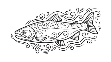 Stylized Salmon Fish Swimming in Water, Black and White Line Art Illustration © Erlin