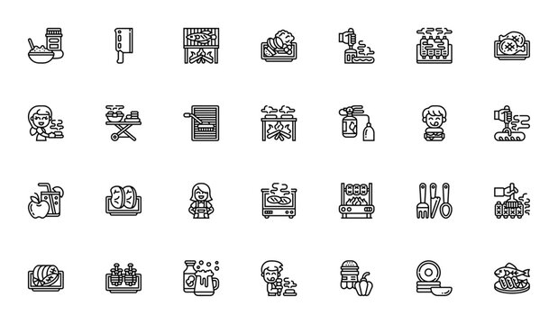 BBQ and Grill Party icon set. Minimalist barbecue vector icons pack. Featuring grill, spices, knife, fish, vegetables, ribs, chicken, burger, sausage, beer, bacon, and more. Editable stroke.