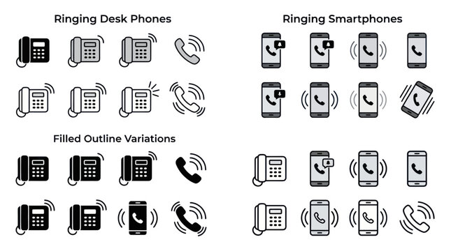 Ringing Desk Phones vs Smartphones Icons Collection - Communication Technology