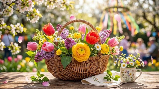Colorful spring flowers in wicker basket on wooden table with teacup. Fresh floral arrangement concept for seasonal celebrations