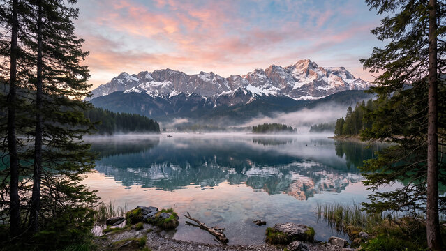 Alpine Lake Reflection with Snow Capped Mountains at Sunrise