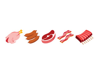 Fototapeta premium Assorted raw and cooked meat types on white background chicken sausages steak bacon ribs