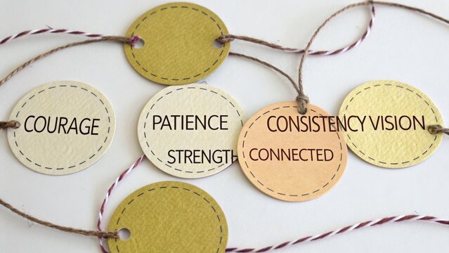 Inspirational Tags with Words of Wisdom: Courage, Patience, Strength, Consistency, Vision, Connected for Personal Growth