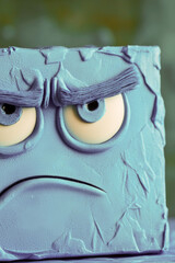 Obraz premium A blue cake with a sad face design, suitable for use in illustrations about emotions, feelings, and mood vertical frame