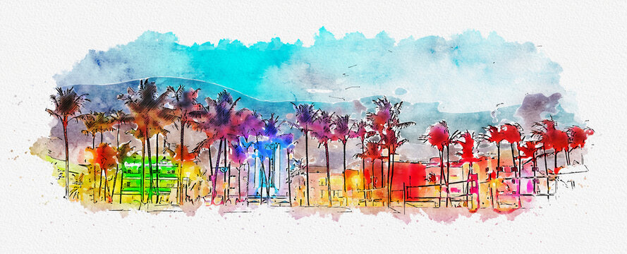 Watercolor painting illustration of Miami Beach Ocean Drive panorama with hotels and restaurants at sunset