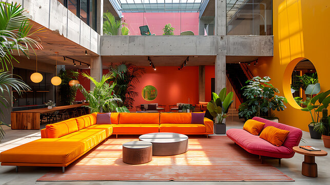 Modern interior living space displays a vibrant orange sectional sofa and a pink lounge chair positioned on a large rug in a colorful open-plan room.