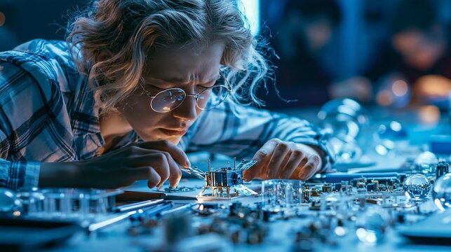A focused female researcher examines a compact satellite prototype on a laboratory bench filled with tools and glass models, cool blue lighting, tight three-quarter composition.