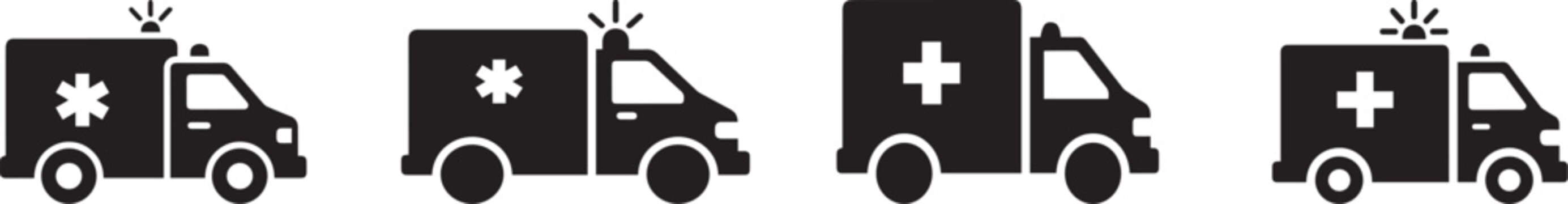 Ambulance vehicle icon, solid black, white background, minimalist, sharp edges, vector style.
